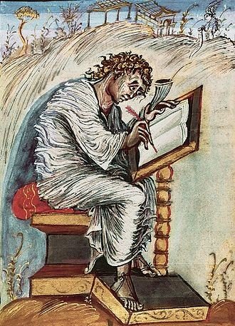 Billede af evangelisten Mathæus siddende med en fjerpen